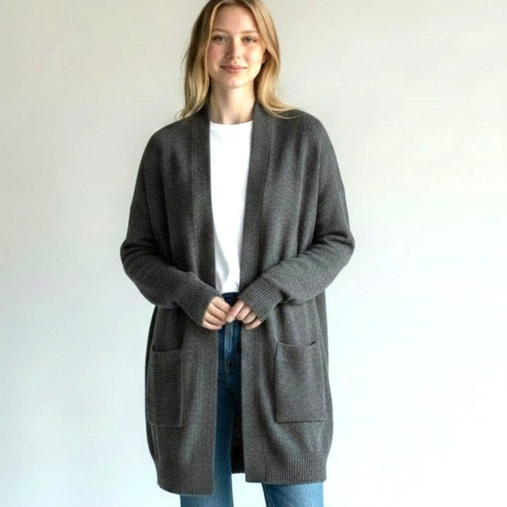 Joan Vass‎ Gray Open Front Womens Cardigan Sweater Shawl Collar Pockets Medium